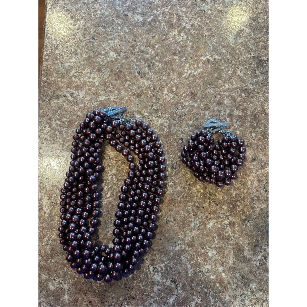 LK Bennett Multi Strand Beaded Necklace Bracelet Set Purple Statement Jewelry